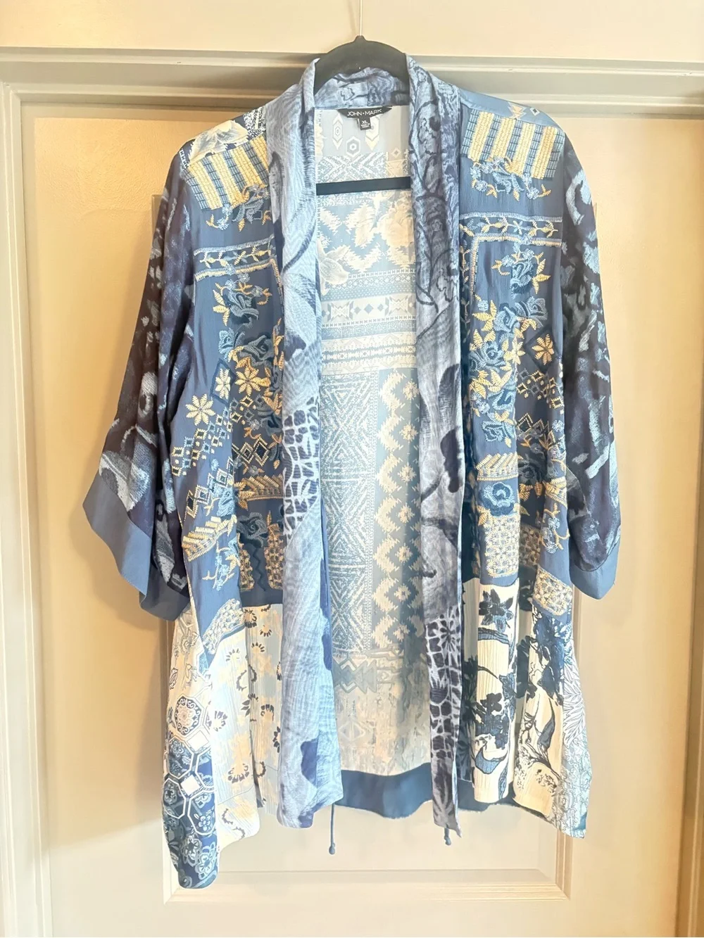 John Mark Blue & Ivory Patchwork Kimono Jacket